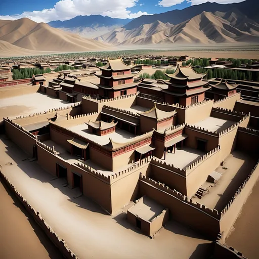 Prompt: Ancient adobe chinese desert palace tibetan city