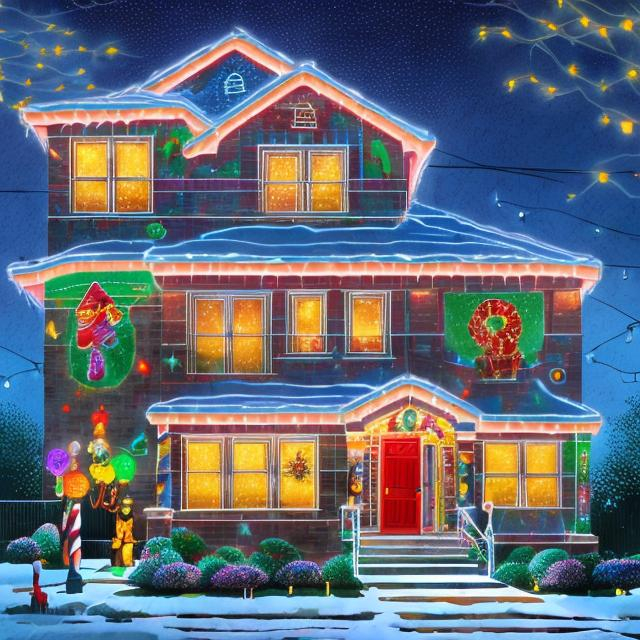 Prompt: Suburban houses with multi-colored Christmas lights, inflatable snowman, festive holiday decorations, cozy neighborhood atmosphere, high quality, detailed illustration, warm and cozy, traditional, colorful lighting, festive decorations, suburban houses, Christmas lights, cozy neighborhood, detailed illustration, warm and cozy, traditional, colorful lighting