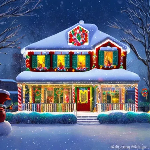 Prompt: Suburban houses with multi-colored Christmas lights, inflatable snowman, festive holiday decorations, cozy neighborhood atmosphere, high quality, detailed illustration, warm and cozy, traditional, colorful lighting, festive decorations, suburban houses, Christmas lights, cozy neighborhood, detailed illustration, warm and cozy, traditional, colorful lighting