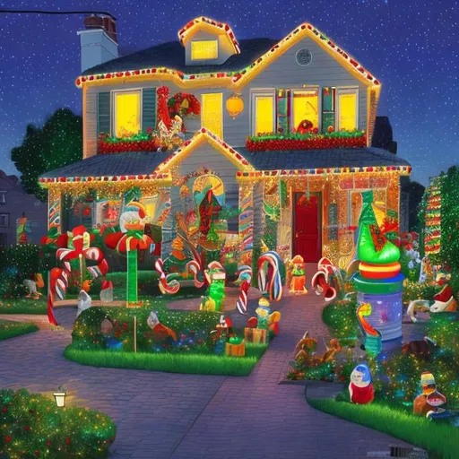 Prompt: Suburban houses with multi-colored Christmas lights, inflatable snowman, festive holiday decorations, cozy neighborhood atmosphere, high quality, detailed illustration, warm and cozy, traditional, colorful lighting, festive decorations, suburban houses, Christmas lights, cozy neighborhood, detailed illustration, warm and cozy, traditional, colorful lighting