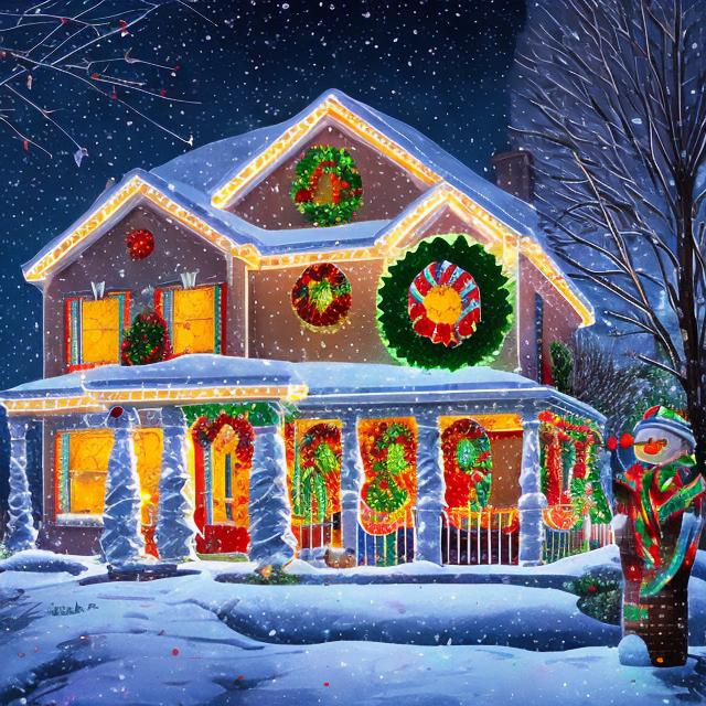 Prompt: Suburban houses with multi-colored Christmas lights, inflatable snowman, festive holiday decorations, cozy neighborhood atmosphere, high quality, detailed illustration, warm and cozy, traditional, colorful lighting, festive decorations, suburban houses, Christmas lights, cozy neighborhood, detailed illustration, warm and cozy, traditional, colorful lighting