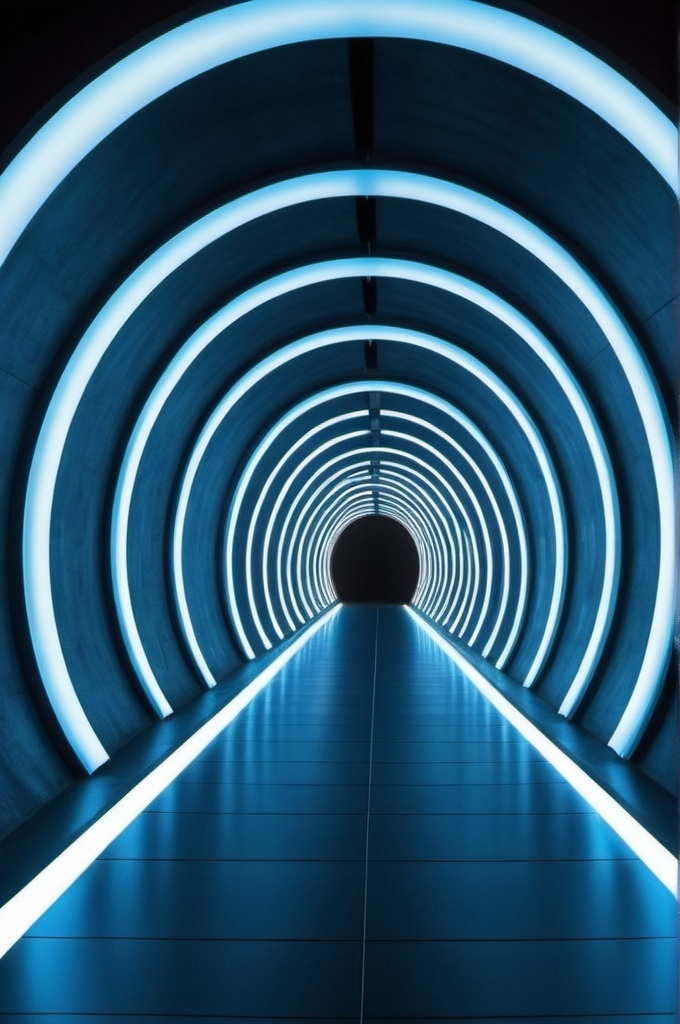 Prompt: Create an image of a futuristic tunnel lit with a symmetrical design, featuring long rows of bright blue vertical lights on both walls, stretching into the distance. The tunnel features a sleek metallic surface with a slight reflective sheen, adding to the high-tech feel. Perspective should draw the viewer's eye to the vanishing point at the end of the tunnel, adding a sense of depth. For a creative twist, incorporate a light mist or fog into the tunnel to diffuse the light, creating a mysterious, otherworldly feel. Also, consider adding subtle digital patterns or holographic displays to the walls to emphasize the futuristic theme.