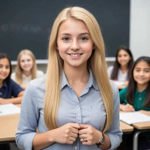 Prompt: A quarter length portrait of an American girl with golden hair teaching English in a modern educational conference, surprisingly and happily learning