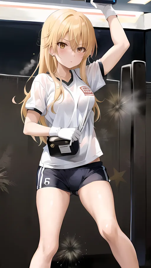 Prompt: most beautiful girl in the universe, misaki shokuhou, toaru kagaku no railgun t, blonde hair, white gloves, gym shirt, white 
short, gym uniform, sleevesless shirt, white shirt