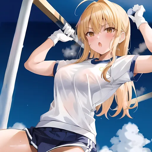 Prompt: most beautiful girl in the universe, P.E uniform, misaki shokuhou, toaru kagaku no railgun t, blonde hair, white gloves, white gym shirt, white gym short, gym uniform, sleevesless shirt