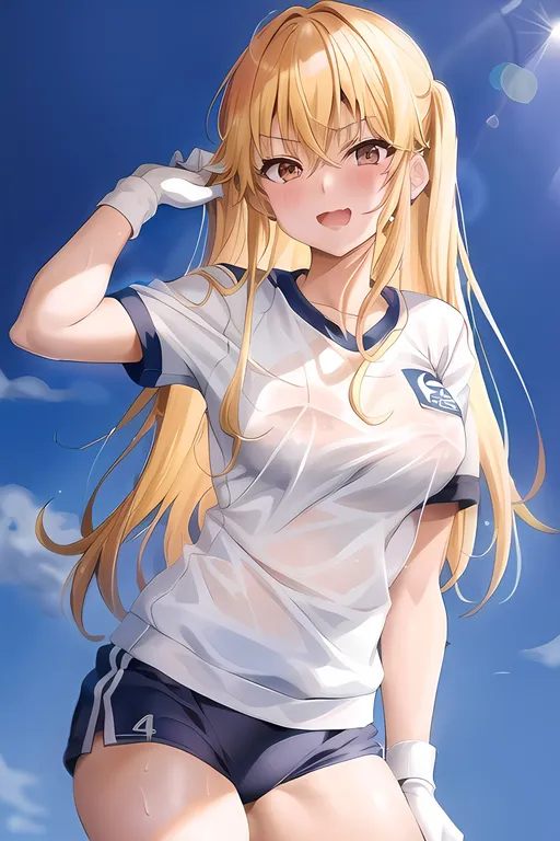 Prompt: most beautiful girl in the universe, P.E uniform, misaki shokuhou, toaru kagaku no railgun t, blonde hair, white gloves, white gym shirt, white gym short, gym uniform, sleevesless shirt