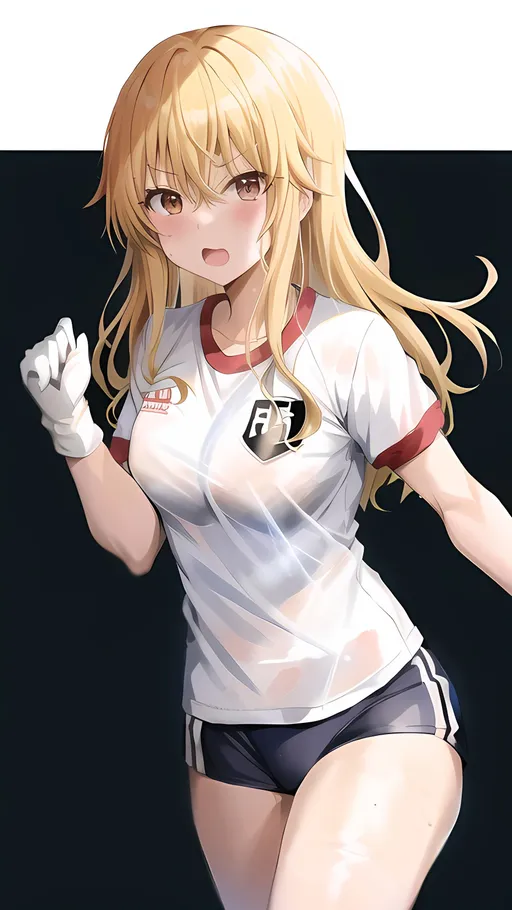 Prompt: misaki shokuhou, toaru kagaku no railgun t, blonde hair, white gloves, gym shirt, white 
short, gym uniform, sleevesless shirt, white shirt