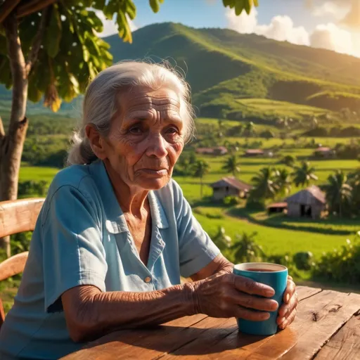 Prompt: Una zona rural en República Dominicana con una viejita tomándose un café y que se vea la bandera dominicana y el atardecer