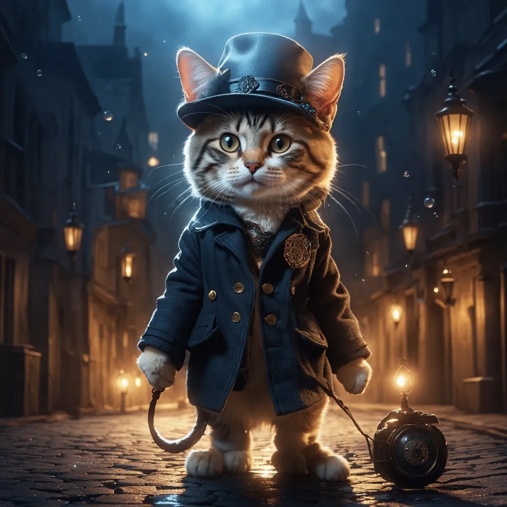 Prompt: Create an image of a cute cat wearing a sleek, dark blue coat and a vintage hat, dancing gracefully in the middle of a cobblestone street under the night sky. The cat should be moving elegantly, as if performing a mystical or magical dance, with glowing orbs of light swirling around its body. The background is a steampunk-inspired city with glowing lanterns, gothic architecture, and a sense of mystery. The scene should feel enchanting, with the cat’s movements casting soft light reflections on the wet cobblestones.