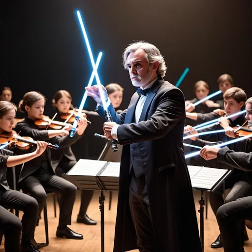 Prompt: Musical conductor with a light saber with orchestra in the musical concert