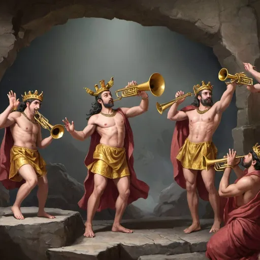 Prompt: Gods with Trumpets in a Trap Show