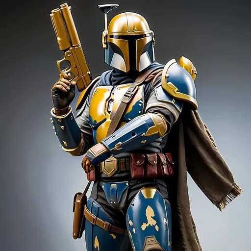 Prompt: A mandalorian with white and blue armor with gold trim with a revolver