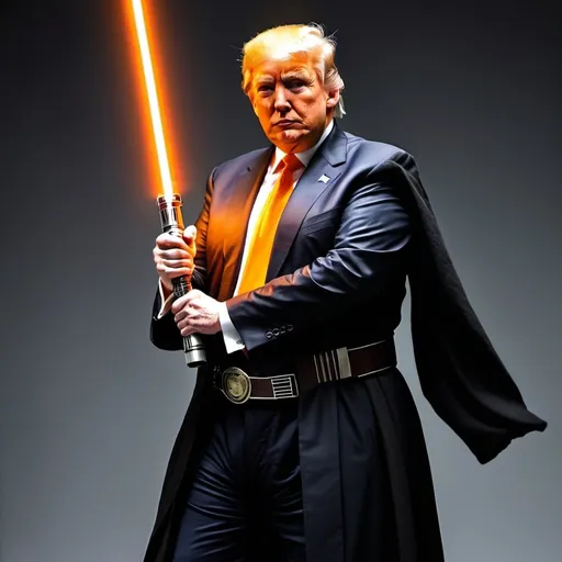 Prompt: Donald Trump as a gray jedi, with orange light saber 