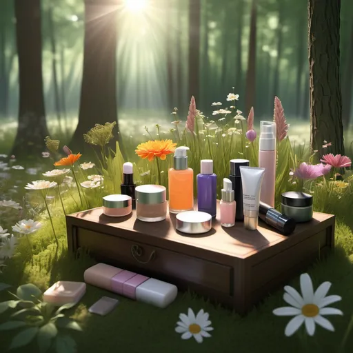 Prompt: a display of cosmetics and flowers in a forest setting with sunlight coming through the trees and flowers in the grass, Constance-Anne Parker, naturalism, summer vibrancy, a digital rendering