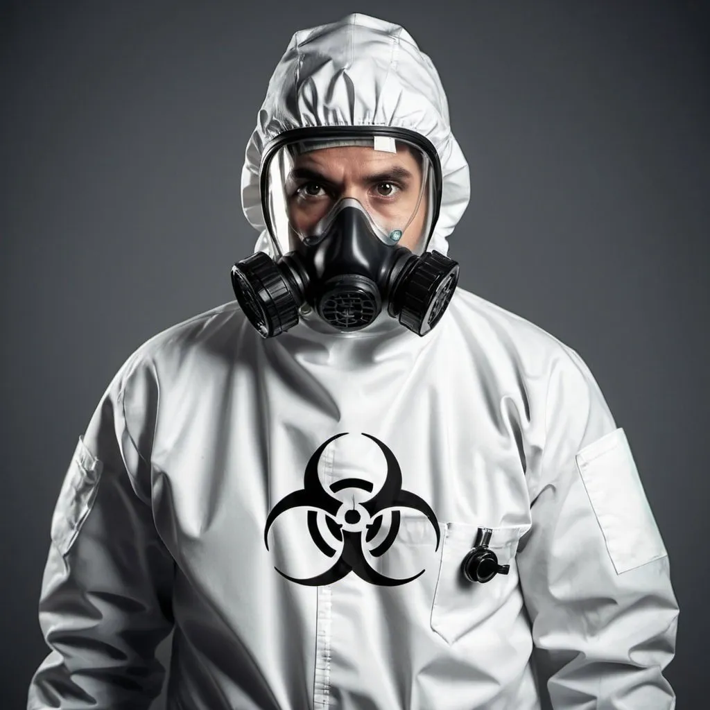 Prompt: Male nurse in a white biological hazard suit, in the suit there is biological hazard symbol black, nurse is serious, high detail