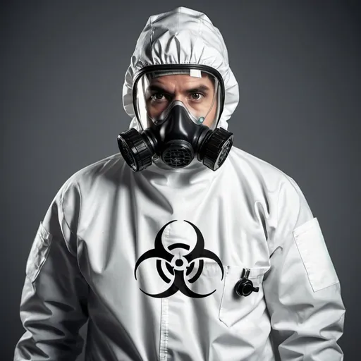 Prompt: Male nurse in a white biological hazard suit, in the suit there is biological hazard symbol black, nurse is serious, high detail