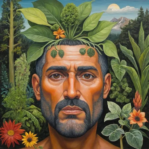 Prompt: An oil painting showing plants and things in nature that appears as a man's face