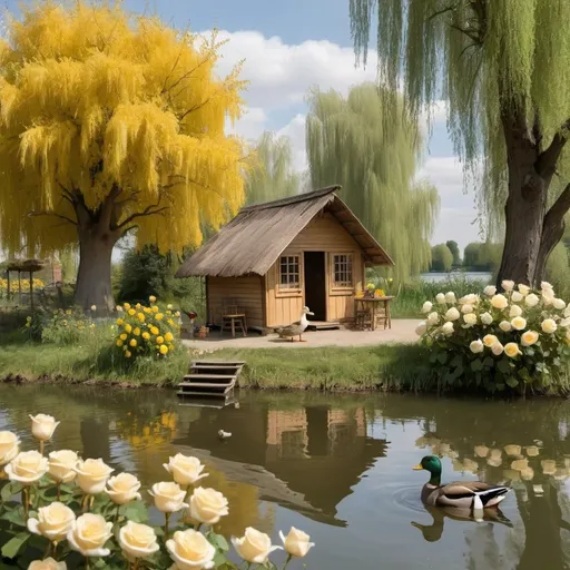 Prompt: A wooden hut in front of it is a small lake in which ducks and geese swim. Behind the hut is a poplar tree, and next to the lake are yellow and white roses. Next to the hut is an old man sitting on a wooden chair and in front of him is a small table with a plate of fruit on it.