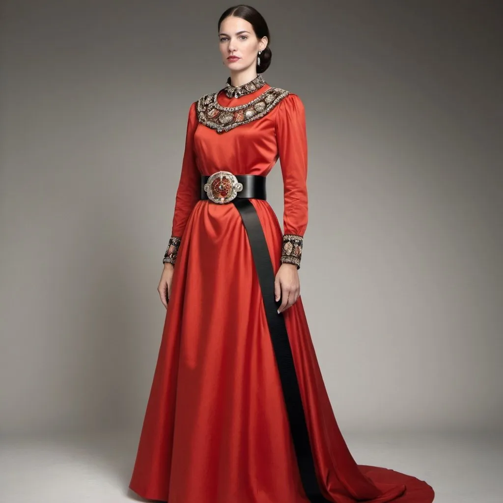 Prompt: A tall woman wearing a long red dress and a black belt. The collar of the dress is decorated, the chest of the dress is inlaid with diamonds, and the ends of the dress have Spanish decorations.