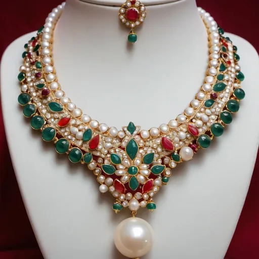 Prompt: Chinese necklace studded with precious stones and pearls .