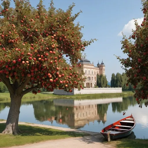 Prompt: A red apple tree, next to it is a palace, and in front of it is a lake with a boat and storks