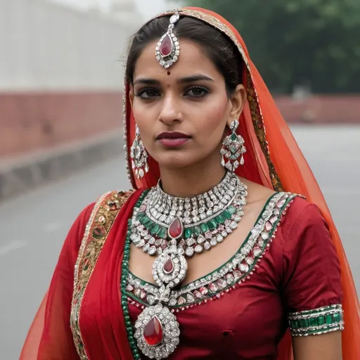 Prompt: A woman wears a costume from the Indian city of New Delhi, wears accessories made of precious stones, wears a decorated red earring, and wears a crocodile leather belt studded with diamonds and silver.