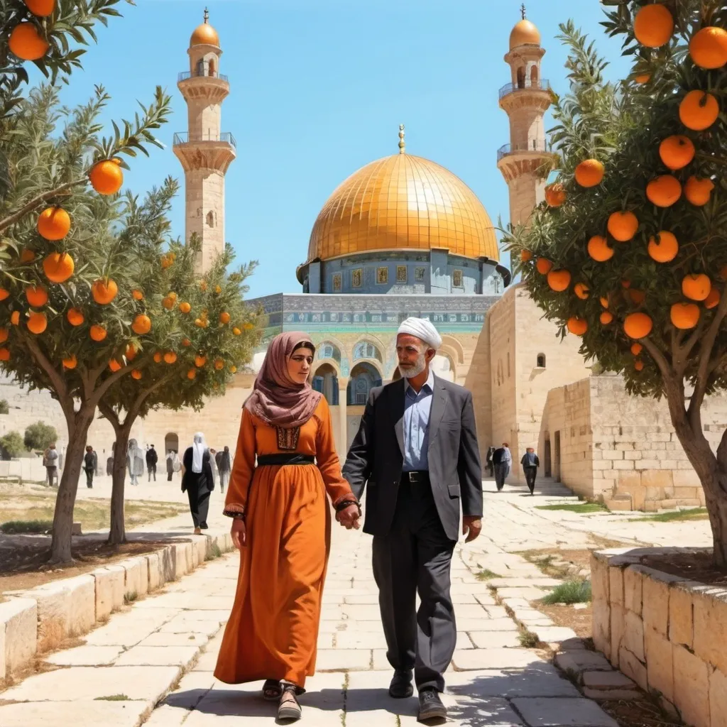 Prompt: A drawing with colored pencils and pastel colors of Palestinian women wearing old Palestinian dress and men wearing old Palestinian dress, and behind them is the Dome of the Rock Mosque and orange trees.