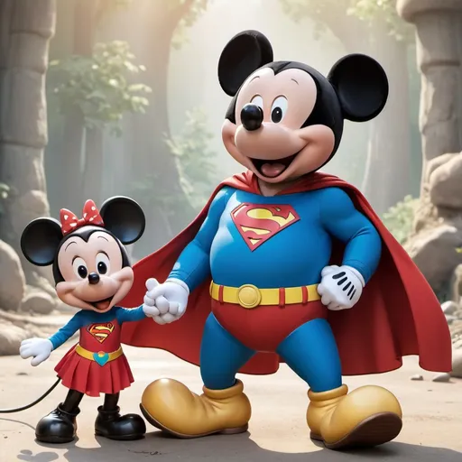 Prompt: Mickey Mouse holds Superman's hand and behind them is Masha and the Bear