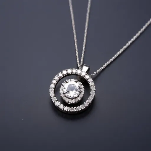 Prompt: A silver necklace containing a circular pendant studded with small pieces of zircon around it