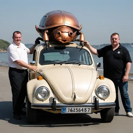 Prompt: A large man holds a Volkswagen Beetle in his right hand