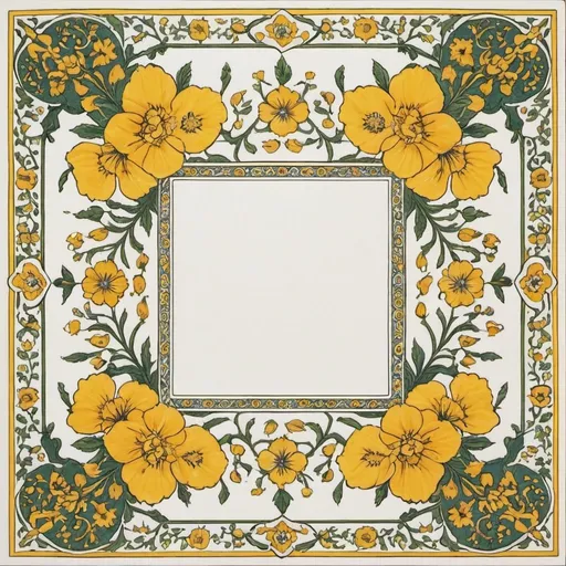 Prompt: A white square with yellow and white flowers around it, and below it a rectangle with Persian decorations drawn on it