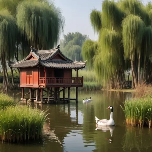 Prompt: A wooden hut in the Chinese style, behind it is one of the tall trees famous in China, and in front of the hut is a lake in which Chinese geese and ducks swim, and around the hut are tall grasses.