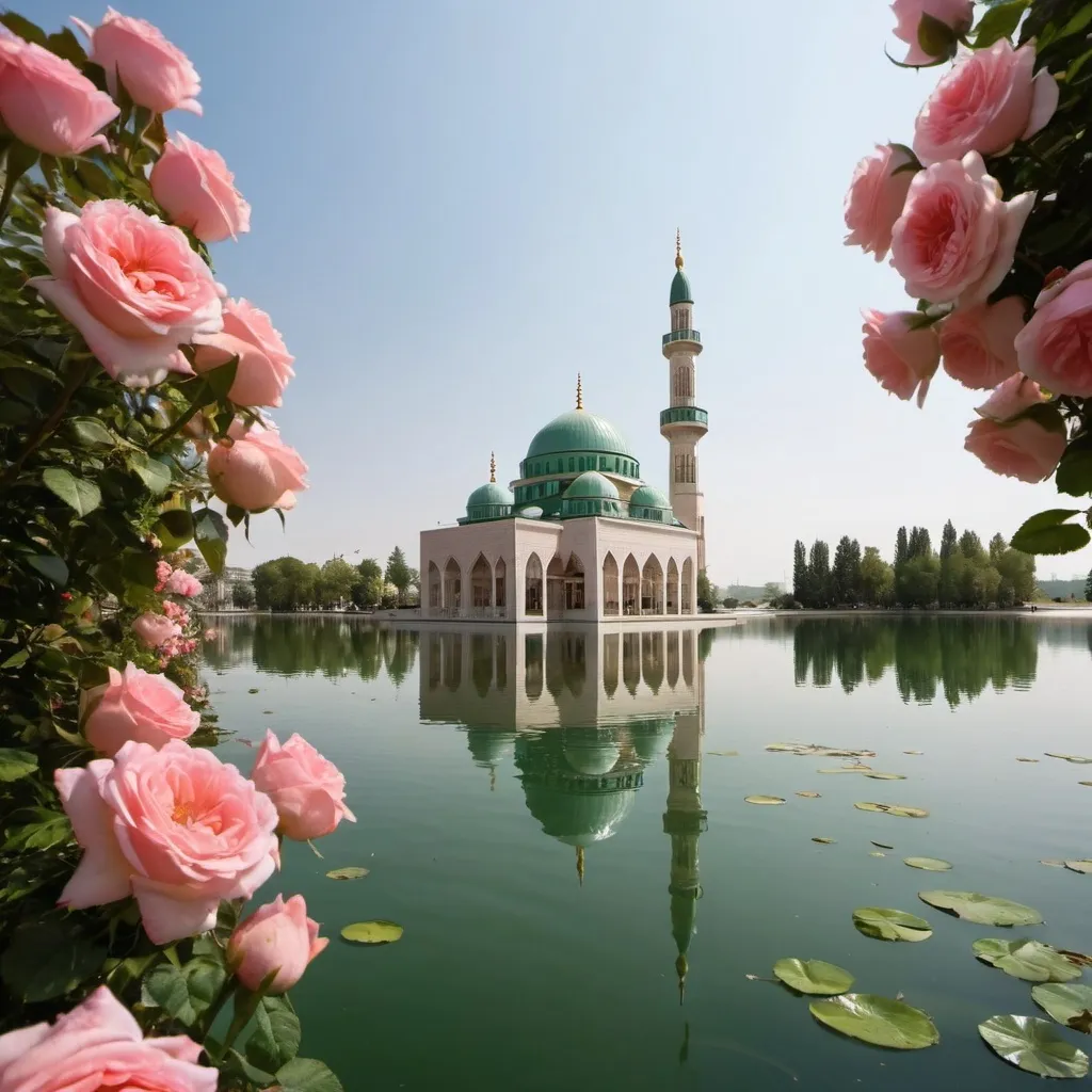 Prompt: A mosque, and near it is a lake of water, and around the lake are rose flowers