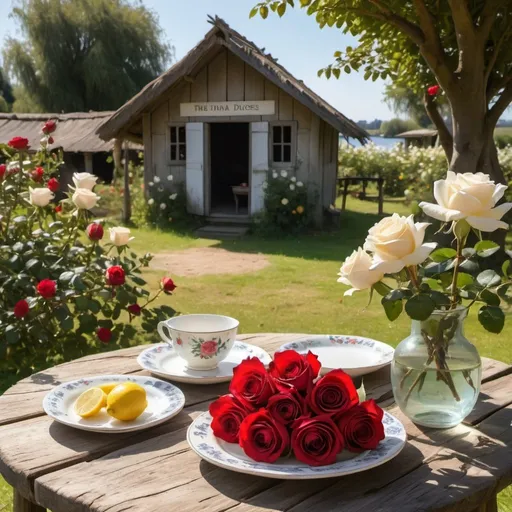 Prompt: A plate containing white and red roses, and the sun is shining, the plate is on top of an old wooden table, in the back there is a beautiful hut surrounded by lemon trees, and in front of the hut there is a lake in which geese and ducks swim.