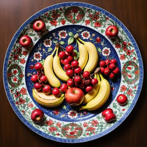 Prompt: Persian decoration on a large plate. The plate contains apples, grapes, red cherries, pears and bananas