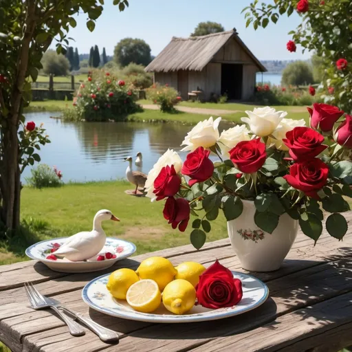 Prompt: A plate containing white and red roses, and the sun is shining, the plate is on top of an old wooden table, in the back there is a beautiful hut surrounded by lemon trees, and in front of the hut there is a lake in which geese and ducks swim.