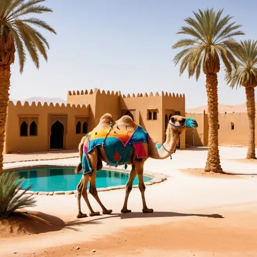 Prompt: An Arabian camel walking in the desert near old Arab houses and next to a small pool of water surrounded by palm trees