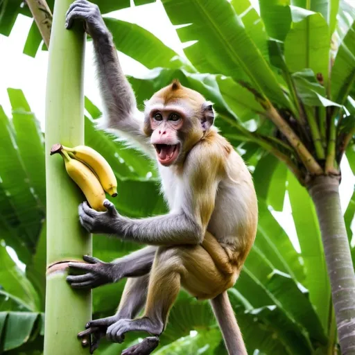 Prompt: A monkey eating a banana while on a banana tree, climbing the tree