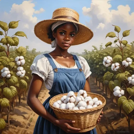 Prompt: An oil painting for Beautiful black girl dressed as cotton farmer holding straw basket and picking cotton crop from cotton farm