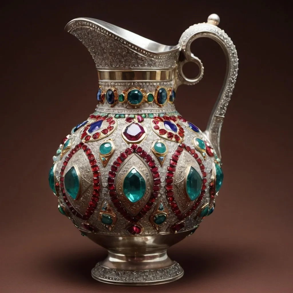 Prompt: A jug studded with precious stones and Arabic decorations