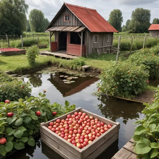 Prompt: A wooden box filled with red apples, surrounded by strawberry plants, and behind it is an old wooden hut and a pond in which storks swim.