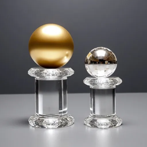 Prompt: A golden ball has a silver ball on top of it, and both balls are on top of a crystal ball