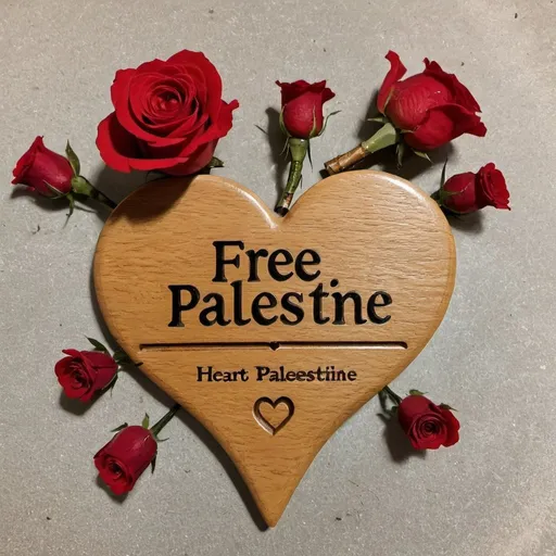 Prompt: A wooden piece of oak wood polished with tanner. The piece is heart-shaped and says Free Palestine. Around the wooden piece are red roses.