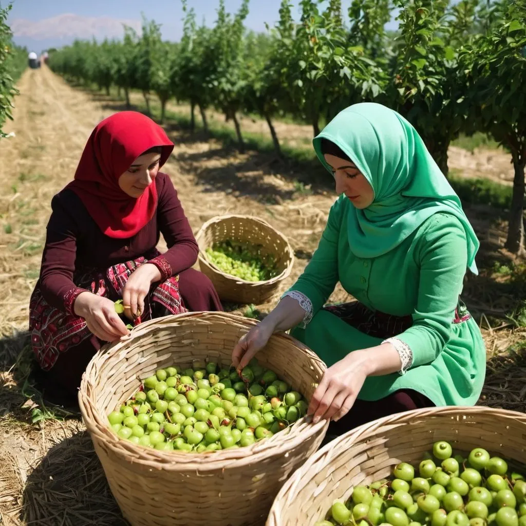 Prompt: Women dressed as Turkish farmers pick green cherries and place the cherries in straw baskets.