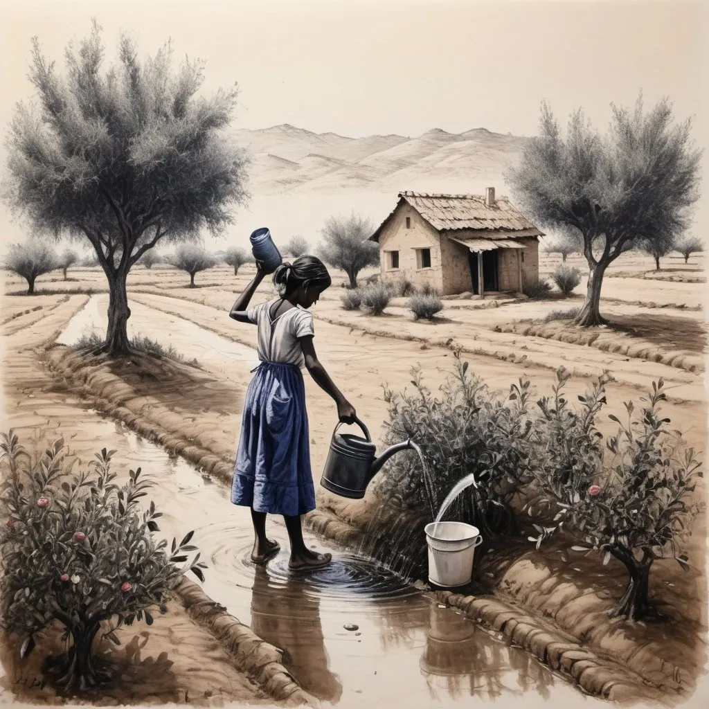 Prompt: A painting drawn with a black ballpoint pen of a rural girl watering roses with an irrigation can, while a mud house is far away from her, and olive trees are far away from her.