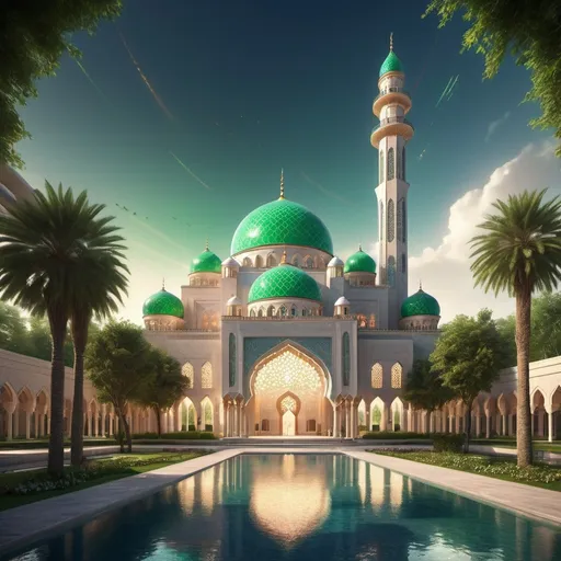 Prompt: A dynamic architectural mosque from the future bearing the character of Islamic architecture with modernity