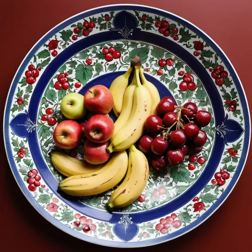 Prompt: Persian decoration on a large plate. The plate contains apples, grapes, red cherries, pears and bananas