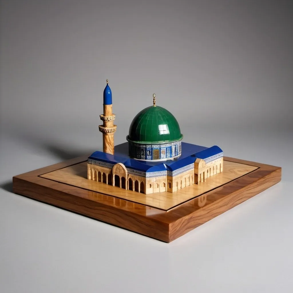 Prompt: A square made of lacquer-coated olive wood resting on a piece of wood. Behind the square is a model of the Dome of the Rock Mosque, but the model of the mosque is relatively far from the square.