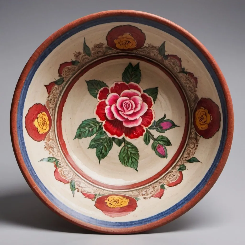 Prompt: Pottery dish with Indian roses over it