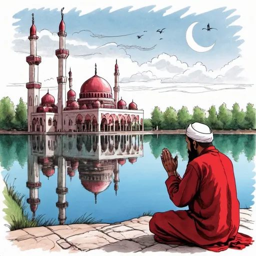 Prompt: Drawing with a red liquid ink pen *** A Muslim man praying and calling on his Lord and behind him is a mosque near a lake and the sky is bright